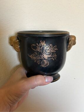 Vintage Lenwile Ardalt Black and Gold Ceramic Planter with Cherub Detailing